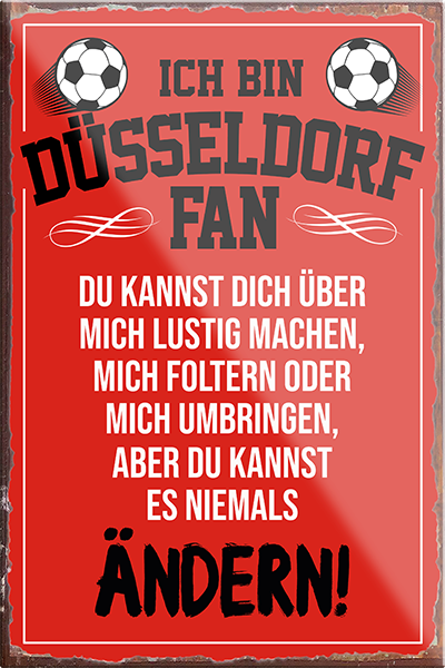 4252024230284	Schilderstore24 Blechschilder sind perfekt als Geschenk zu Weihnachten, Geburtstage, Feiern, Partys, Grillabende, Namenstag, Feiertag, Mädelsabend, Hochzeit. Jederzeit stilvoll im Wohnzimmer, Partykeller, Garage, Praxis, Büro, Café, Hauseingang Fußball Mannschaft Verein Bolzen Ball sport liga kicken stadion freizeit Schilderstore24	 ''Düsseldorf Fan (schwarze schrift)''