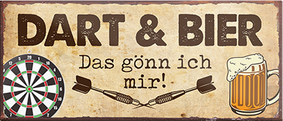 4252024240054	Schilderstore24	 ''Dart und Bier, das gönn ich mir'' Schilderstore24 Blechschilder sind perfekt als Geschenk zu Weihnachten, Geburtstage, Feiern, Partys, Grillabende, Namenstag, Feiertag, Mädelsabend, Hochzeit. Jederzeit stilvoll im Wohnzimmer, Partykeller, Garage, Praxis, Büro, Café, Hauseingang Alkohol Kasten Bier Saufen Getränk Bier Alkohol schaumkrone promille hopfen