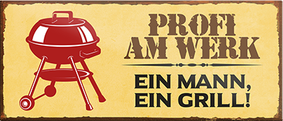 4252024240801	Schilderstore24	 ''Profi am Werk. Ein Mann, ein Grill'' Schilderstore24 Blechschilder sind perfekt als Geschenk zu Weihnachten, Geburtstage, Feiern, Partys, Grillabende, Namenstag, Feiertag, Mädelsabend, Hochzeit. Jederzeit stilvoll im Wohnzimmer, Partykeller, Garage, Praxis, Büro, Café, Hauseingang Lebensmittel Kaffee Kuchen Tee Grill crepes teigware süßigkeit essen grill wurst Mädelsabend