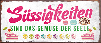 4252024240832	Schilderstore24	 ''Süssigkeiten sind das Gemüse der Seele'' Schilderstore24 Blechschilder sind perfekt als Geschenk zu Weihnachten, Geburtstage, Feiern, Partys, Grillabende, Namenstag, Feiertag, Mädelsabend, Hochzeit. Jederzeit stilvoll im Wohnzimmer, Partykeller, Garage, Praxis, Büro, Café, Hauseingang Lebensmittel Kaffee Kuchen Tee Grill crepes teigware süßigkeit essen grill wurst Mädelsabend