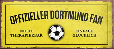 4252024241136	Schilderstore24	 ''Offizieller Dortmund Fan'' Schilderstore24 Blechschilder sind perfekt als Geschenk zu Weihnachten, Geburtstage, Feiern, Partys, Grillabende, Namenstag, Feiertag, Mädelsabend, Hochzeit. Jederzeit stilvoll im Wohnzimmer, Partykeller, Garage, Praxis, Büro, Café, Hauseingang Fußball Mannschaft Verein Bolzen Ball sport liga kicken stadion freizeit