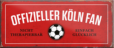 4252024241297	Schilderstore24	 ''Offizieller Köln Fan'' Schilderstore24 Blechschilder sind perfekt als Geschenk zu Weihnachten, Geburtstage, Feiern, Partys, Grillabende, Namenstag, Feiertag, Mädelsabend, Hochzeit. Jederzeit stilvoll im Wohnzimmer, Partykeller, Garage, Praxis, Büro, Café, Hauseingang Fußball Mannschaft Verein Bolzen Ball sport liga kicken stadion freizeit