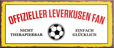 4252024241310	Schilderstore24	 ''Offizieller Leverkusen Fan'' Schilderstore24 Blechschilder sind perfekt als Geschenk zu Weihnachten, Geburtstage, Feiern, Partys, Grillabende, Namenstag, Feiertag, Mädelsabend, Hochzeit. Jederzeit stilvoll im Wohnzimmer, Partykeller, Garage, Praxis, Büro, Café, Hauseingang Fußball Mannschaft Verein Bolzen Ball sport liga kicken stadion freizeit