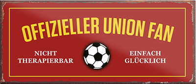 4252024241419	Schilderstore24	 ''Offizieller Union Fan'' Schilderstore24 Blechschilder sind perfekt als Geschenk zu Weihnachten, Geburtstage, Feiern, Partys, Grillabende, Namenstag, Feiertag, Mädelsabend, Hochzeit. Jederzeit stilvoll im Wohnzimmer, Partykeller, Garage, Praxis, Büro, Café, Hauseingang Fußball Mannschaft Verein Bolzen Ball sport liga kicken stadion freizeit