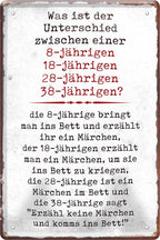 4252024219876 Schilderstore24 Schilderstore24 Blechschilder sind perfekt als Geschenk zu Weihnachten, Geburtstage, Feiern, Partys, Grillabende, Namenstag, Feiertag, Mädelsabend, Hochzeit. Jederzeit stilvoll im Wohnzimmer, Partykeller, Garage, Praxis, Büro, Café, Hauseingang Sarkasmus Ironie Funny Schwarzer Humor faul dumm fun rente lästern teufel	 ''Unterschied 8-jähriger, 18-jähriger''		20x30cm