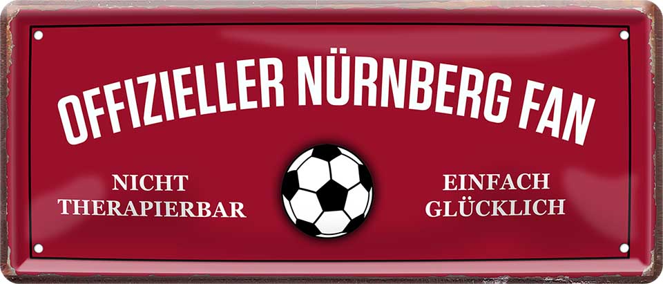 4252024227550 Schilderstore24 Schilderstore24 Blechschilder sind perfekt als Geschenk zu Weihnachten, Geburtstage, Feiern, Partys, Grillabende, Namenstag, Feiertag, Mädelsabend, Hochzeit. Jederzeit stilvoll im Wohnzimmer, Partykeller, Garage, Praxis, Büro, Café, Hauseingang Fußball Mannschaft Verein Bolzen Ball sport liga kicken stadion freizeit	 ''Offizieller Nürnberg Fan''		28x12cm