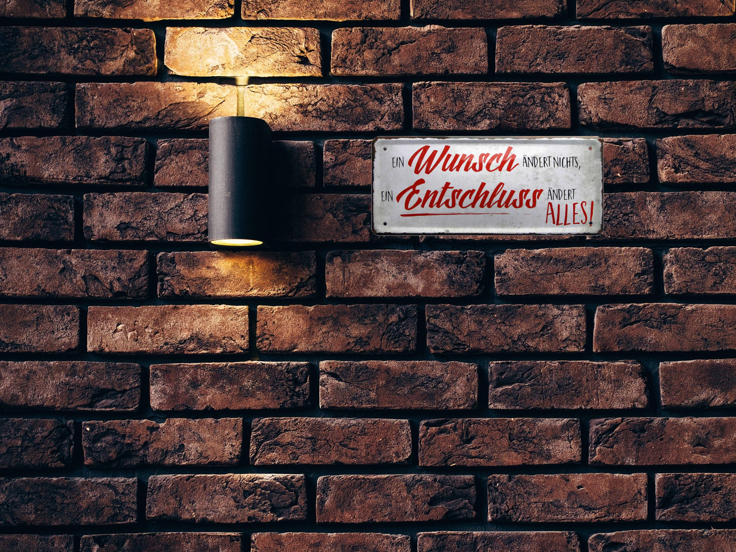 Blechschild ''Ein Wunsch ändert nichts, ein Entschluss ändert alles'' 28x12cm
