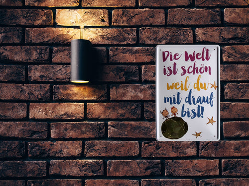 Blechschild ''Die Welt ist schön weil du drauf bist'' 20x30cm