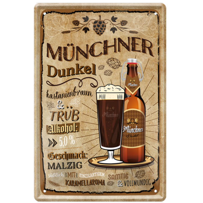 4252024214390	Schilderstore24 	 ''Münchner Dunkel'' Schilderstore24 Blechschilder sind perfekt als Geschenk zu Weihnachten, Geburtstage, Feiern, Partys, Grillabende, Namenstag, Feiertag, Mädelsabend, Hochzeit. Jederzeit stilvoll im Wohnzimmer, Partykeller, Garage, Praxis, Büro, Café, Hauseingang Alkohol Kasten Bier Saufen Getränk Bier Alkohol schaumkrone promille hopfen