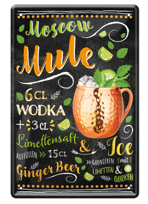 4252024214741	Schilderstore24 	 ''Moscow Mule'' Schilderstore24 Blechschilder sind perfekt als Geschenk zu Weihnachten, Geburtstage, Feiern, Partys, Grillabende, Namenstag, Feiertag, Mädelsabend, Hochzeit. Jederzeit stilvoll im Wohnzimmer, Partykeller, Garage, Praxis, Büro, Café, Hauseingang Alkohol Cocktail Likör Sekt Getränk Alkohol promille schnaps saufen cocktails