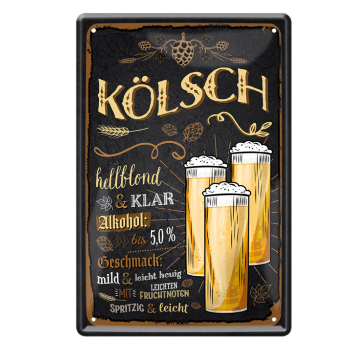 4252024214338	Schilderstore24 	 ''Kölsch (drei Gläser)'' Schilderstore24 Blechschilder sind perfekt als Geschenk zu Weihnachten, Geburtstage, Feiern, Partys, Grillabende, Namenstag, Feiertag, Mädelsabend, Hochzeit. Jederzeit stilvoll im Wohnzimmer, Partykeller, Garage, Praxis, Büro, Café, Hauseingang Alkohol Kasten Bier Saufen Getränk Bier Alkohol schaumkrone promille hopfen