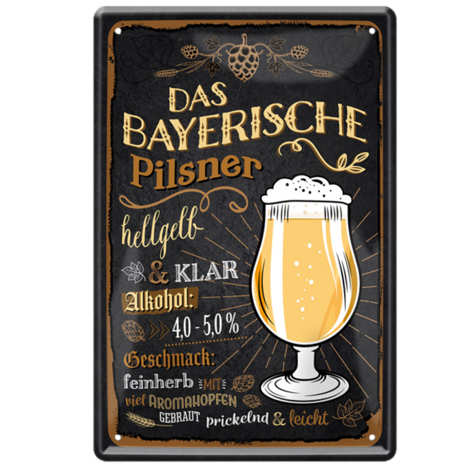 4252024214239	Schilderstore24 	 ''Das bayerische Pilsner (dickes Glas)'' Schilderstore24 Blechschilder sind perfekt als Geschenk zu Weihnachten, Geburtstage, Feiern, Partys, Grillabende, Namenstag, Feiertag, Mädelsabend, Hochzeit. Jederzeit stilvoll im Wohnzimmer, Partykeller, Garage, Praxis, Büro, Café, Hauseingang Alkohol Kasten Bier Saufen Getränk Bier Alkohol schaumkrone promille hopfen