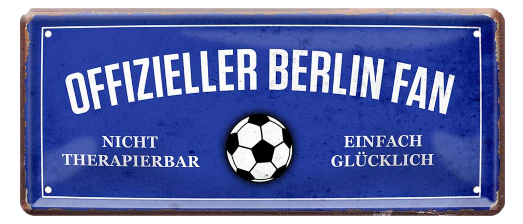 4252024227369	Schilderstore24 Blechschilder sind perfekt als Geschenk zu Weihnachten, Geburtstage, Feiern, Partys, Grillabende, Namenstag, Feiertag, Mädelsabend, Hochzeit. Jederzeit stilvoll im Wohnzimmer, Partykeller, Garage, Praxis, Büro, Café, Hauseingang Fußball Mannschaft Verein Bolzen Ball sport liga kicken stadion freizeit Schilderstore24 	 ''Offizieller Berliner Fan''
