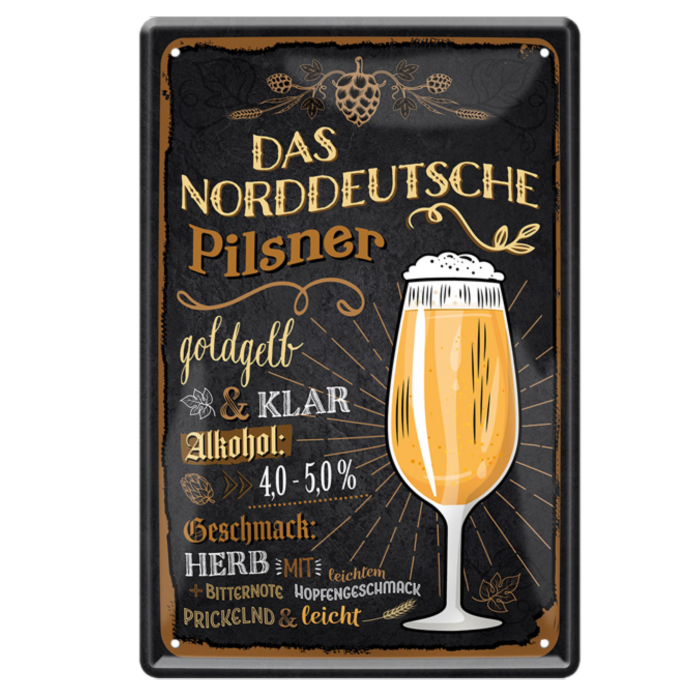 4252024214291	Schilderstore24 	 ''Das Norddeutsche Pilsner (Glas)'' Schilderstore24 Blechschilder sind perfekt als Geschenk zu Weihnachten, Geburtstage, Feiern, Partys, Grillabende, Namenstag, Feiertag, Mädelsabend, Hochzeit. Jederzeit stilvoll im Wohnzimmer, Partykeller, Garage, Praxis, Büro, Café, Hauseingang Alkohol Kasten Bier Saufen Getränk Bier Alkohol schaumkrone promille hopfen