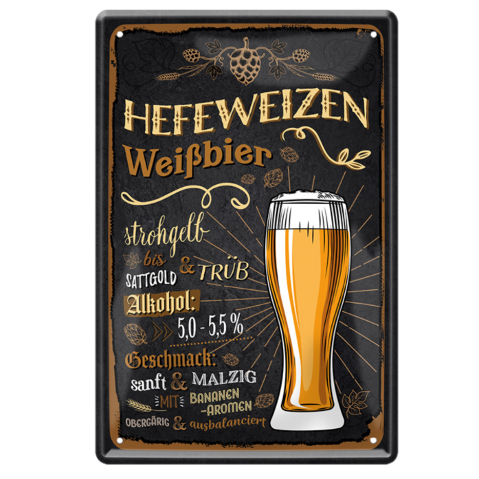 4252024214321	Schilderstore24 	 ''Hefeweizen Weißbier'' Schilderstore24 Blechschilder sind perfekt als Geschenk zu Weihnachten, Geburtstage, Feiern, Partys, Grillabende, Namenstag, Feiertag, Mädelsabend, Hochzeit. Jederzeit stilvoll im Wohnzimmer, Partykeller, Garage, Praxis, Büro, Café, Hauseingang Alkohol Kasten Bier Saufen Getränk Bier Alkohol schaumkrone promille hopfen