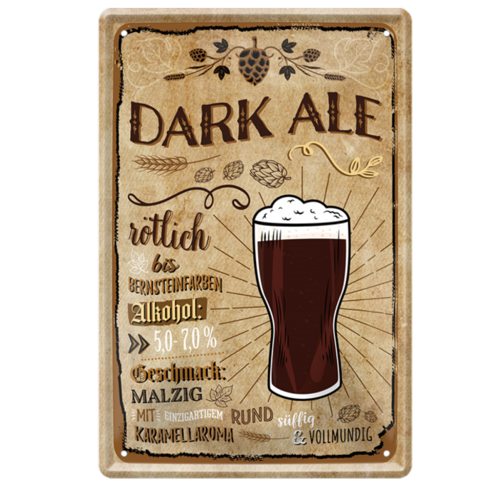 4252024214222	Schilderstore24 	 ''Dark Ale'' Schilderstore24 Blechschilder sind perfekt als Geschenk zu Weihnachten, Geburtstage, Feiern, Partys, Grillabende, Namenstag, Feiertag, Mädelsabend, Hochzeit. Jederzeit stilvoll im Wohnzimmer, Partykeller, Garage, Praxis, Büro, Café, Hauseingang Alkohol Kasten Bier Saufen Getränk Bier Alkohol schaumkrone promille hopfen