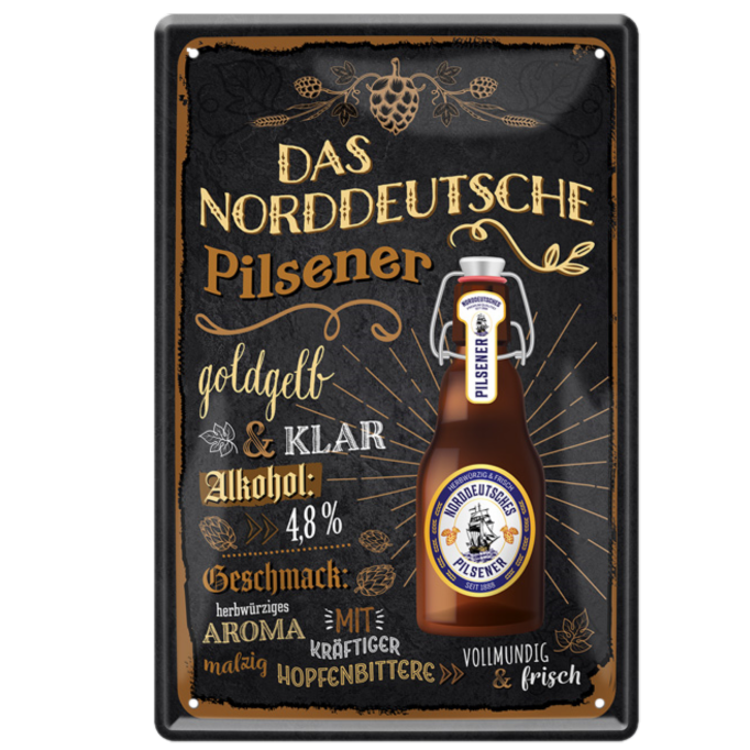 4252024214284	Schilderstore24 	 ''Das Norddeutsche Pilsner (Flasche)'' Schilderstore24 Blechschilder sind perfekt als Geschenk zu Weihnachten, Geburtstage, Feiern, Partys, Grillabende, Namenstag, Feiertag, Mädelsabend, Hochzeit. Jederzeit stilvoll im Wohnzimmer, Partykeller, Garage, Praxis, Büro, Café, Hauseingang Alkohol Kasten Bier Saufen Getränk Bier Alkohol schaumkrone promille hopfen