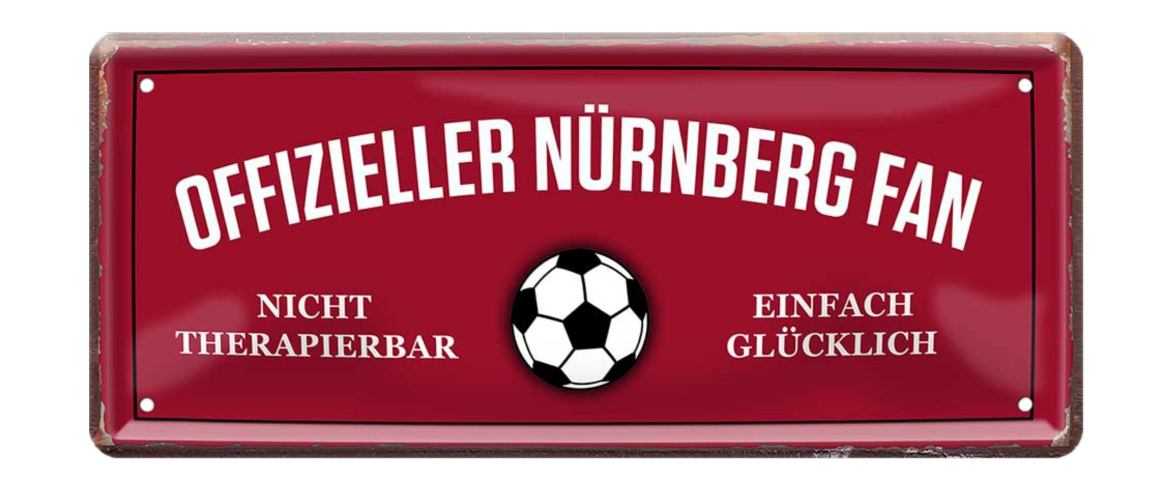4252024227550	Schilderstore24 Blechschilder sind perfekt als Geschenk zu Weihnachten, Geburtstage, Feiern, Partys, Grillabende, Namenstag, Feiertag, Mädelsabend, Hochzeit. Jederzeit stilvoll im Wohnzimmer, Partykeller, Garage, Praxis, Büro, Café, Hauseingang Fußball Mannschaft Verein Bolzen Ball sport liga kicken stadion freizeit Schilderstore24 	 ''Offizieller Nürnberg Fan''