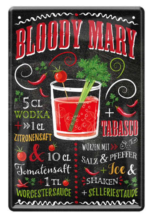 4252024214604	Schilderstore24 	 ''Bloody Mary'' Schilderstore24 Blechschilder sind perfekt als Geschenk zu Weihnachten, Geburtstage, Feiern, Partys, Grillabende, Namenstag, Feiertag, Mädelsabend, Hochzeit. Jederzeit stilvoll im Wohnzimmer, Partykeller, Garage, Praxis, Büro, Café, Hauseingang Alkohol Cocktail Likör Sekt Getränk Alkohol promille schnaps saufen cocktails