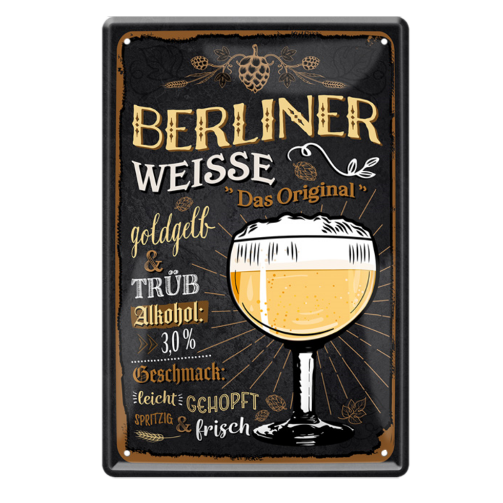 4252024214185	Schilderstore24 	 ''Berliner Weisse Das Original'' Schilderstore24 Blechschilder sind perfekt als Geschenk zu Weihnachten, Geburtstage, Feiern, Partys, Grillabende, Namenstag, Feiertag, Mädelsabend, Hochzeit. Jederzeit stilvoll im Wohnzimmer, Partykeller, Garage, Praxis, Büro, Café, Hauseingang Alkohol Kasten Bier Saufen Getränk Bier Alkohol schaumkrone promille hopfen