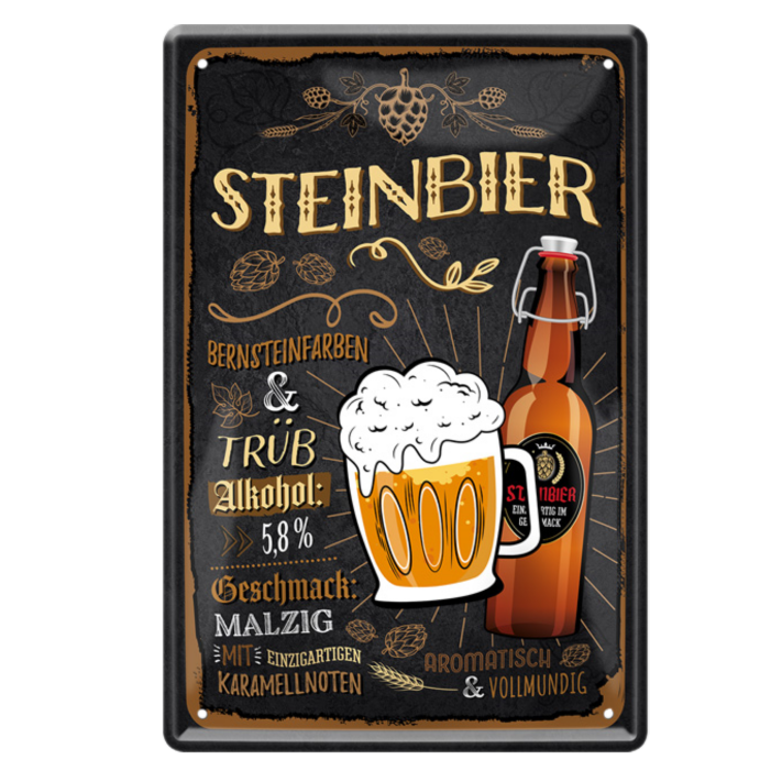 4252024214475	Schilderstore24 	 ''Steinbier bernsteinfarben'' Schilderstore24 Blechschilder sind perfekt als Geschenk zu Weihnachten, Geburtstage, Feiern, Partys, Grillabende, Namenstag, Feiertag, Mädelsabend, Hochzeit. Jederzeit stilvoll im Wohnzimmer, Partykeller, Garage, Praxis, Büro, Café, Hauseingang Alkohol Kasten Bier Saufen Getränk Bier Alkohol schaumkrone promille hopfen