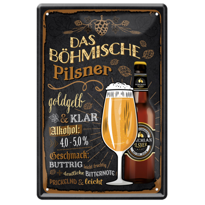 4252024214260	Schilderstore24 	 ''Das Böhmische Pilsner mit Flasche'' Schilderstore24 Blechschilder sind perfekt als Geschenk zu Weihnachten, Geburtstage, Feiern, Partys, Grillabende, Namenstag, Feiertag, Mädelsabend, Hochzeit. Jederzeit stilvoll im Wohnzimmer, Partykeller, Garage, Praxis, Büro, Café, Hauseingang Alkohol Kasten Bier Saufen Getränk Bier Alkohol schaumkrone promille hopfen