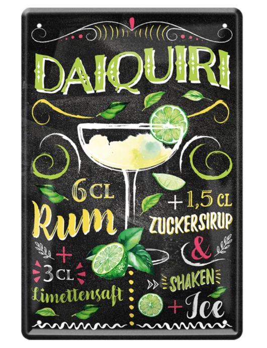 4252024214635	Schilderstore24 	 ''Daiquiri'' Schilderstore24 Blechschilder sind perfekt als Geschenk zu Weihnachten, Geburtstage, Feiern, Partys, Grillabende, Namenstag, Feiertag, Mädelsabend, Hochzeit. Jederzeit stilvoll im Wohnzimmer, Partykeller, Garage, Praxis, Büro, Café, Hauseingang Alkohol Cocktail Likör Sekt Getränk Alkohol promille schnaps saufen cocktails