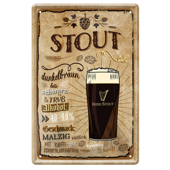 4252024214499	Schilderstore24 	 ''Stout'' Schilderstore24 Blechschilder sind perfekt als Geschenk zu Weihnachten, Geburtstage, Feiern, Partys, Grillabende, Namenstag, Feiertag, Mädelsabend, Hochzeit. Jederzeit stilvoll im Wohnzimmer, Partykeller, Garage, Praxis, Büro, Café, Hauseingang Alkohol Kasten Bier Saufen Getränk Bier Alkohol schaumkrone promille hopfen