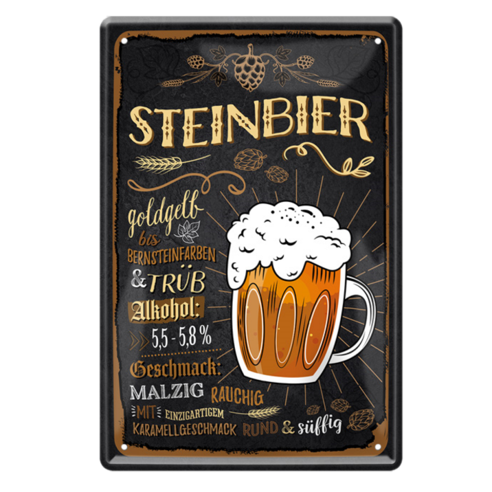 4252024214482	Schilderstore24 	 ''Steinbier goldgelb'' Schilderstore24 Blechschilder sind perfekt als Geschenk zu Weihnachten, Geburtstage, Feiern, Partys, Grillabende, Namenstag, Feiertag, Mädelsabend, Hochzeit. Jederzeit stilvoll im Wohnzimmer, Partykeller, Garage, Praxis, Büro, Café, Hauseingang Alkohol Kasten Bier Saufen Getränk Bier Alkohol schaumkrone promille hopfen