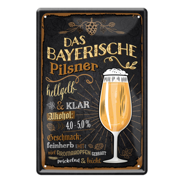 4252024214246	Schilderstore24 	 ''Das bayerische Pilsner (dünnes Glas)'' Schilderstore24 Blechschilder sind perfekt als Geschenk zu Weihnachten, Geburtstage, Feiern, Partys, Grillabende, Namenstag, Feiertag, Mädelsabend, Hochzeit. Jederzeit stilvoll im Wohnzimmer, Partykeller, Garage, Praxis, Büro, Café, Hauseingang Alkohol Kasten Bier Saufen Getränk Bier Alkohol schaumkrone promille hopfen