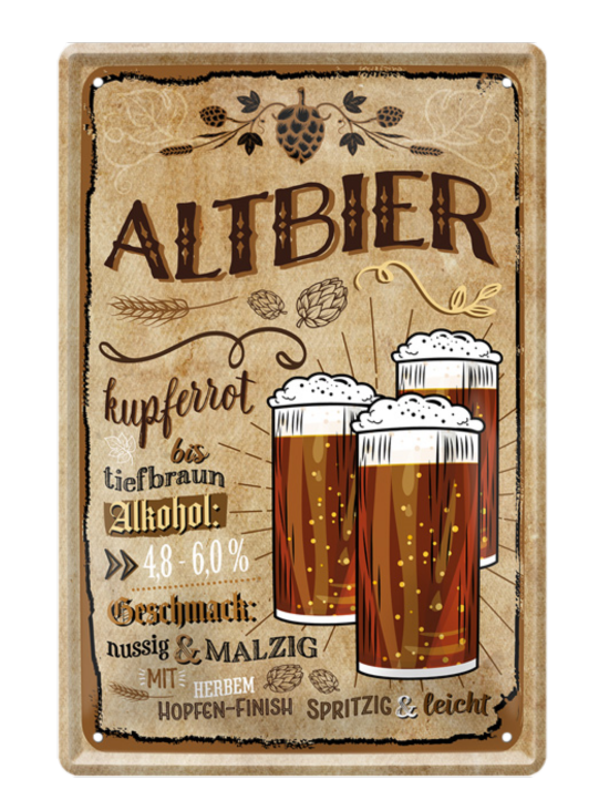 4252024214116	Schilderstore24 Blechschilder sind perfekt als Geschenk zu Weihnachten, Geburtstage, Feiern, Partys, Grillabende, Namenstag, Feiertag, Mädelsabend, Hochzeit. Jederzeit stilvoll im Wohnzimmer, Partykeller, Garage, Praxis, Büro, Café, Hauseingang Alkohol Kasten Bier Saufen Getränk Bier Alkohol schaumkrone promille hopfen Schilderstore24 	 ''Altbier (drei Gläser, braun)''