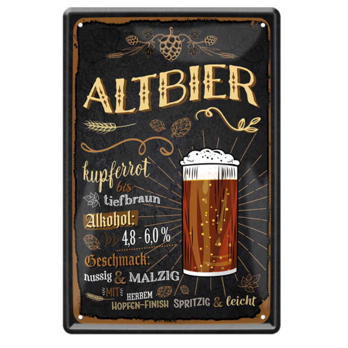 4252024214147	Schilderstore24 	 ''Altbier (ein Glas, schwarz)'' Schilderstore24 Blechschilder sind perfekt als Geschenk zu Weihnachten, Geburtstage, Feiern, Partys, Grillabende, Namenstag, Feiertag, Mädelsabend, Hochzeit. Jederzeit stilvoll im Wohnzimmer, Partykeller, Garage, Praxis, Büro, Café, Hauseingang Alkohol Kasten Bier Saufen Getränk Bier Alkohol schaumkrone promille hopfen