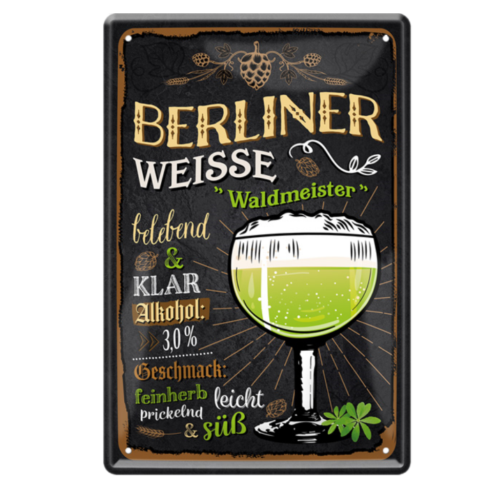 4252024214208	Schilderstore24 Blechschilder sind perfekt als Geschenk zu Weihnachten, Geburtstage, Feiern, Partys, Grillabende, Namenstag, Feiertag, Mädelsabend, Hochzeit. Jederzeit stilvoll im Wohnzimmer, Partykeller, Garage, Praxis, Büro, Café, Hauseingang Alkohol Kasten Bier Saufen Getränk Bier Alkohol schaumkrone promille hopfen Schilderstore24 	 ''Berliner Weisse Waldmeister''