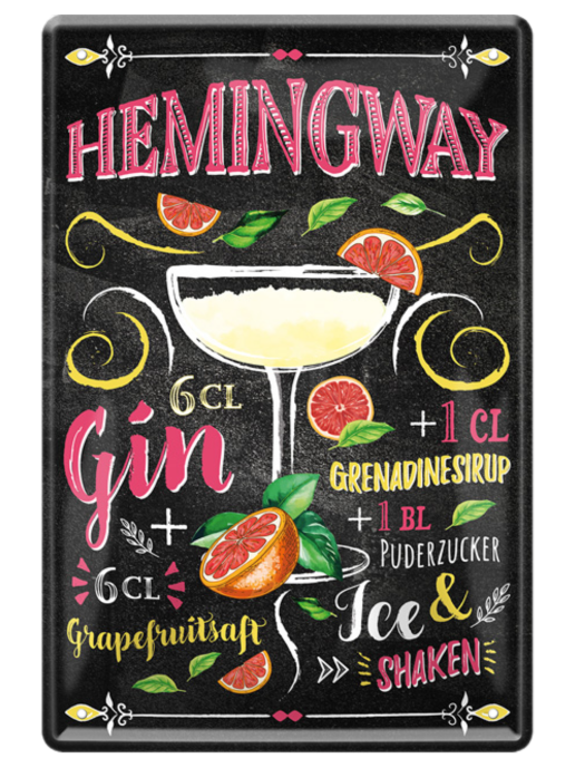 4252024214673	Schilderstore24 	 ''Hemingway'' Schilderstore24 Blechschilder sind perfekt als Geschenk zu Weihnachten, Geburtstage, Feiern, Partys, Grillabende, Namenstag, Feiertag, Mädelsabend, Hochzeit. Jederzeit stilvoll im Wohnzimmer, Partykeller, Garage, Praxis, Büro, Café, Hauseingang Alkohol Cocktail Likör Sekt Getränk Alkohol promille schnaps saufen cocktails