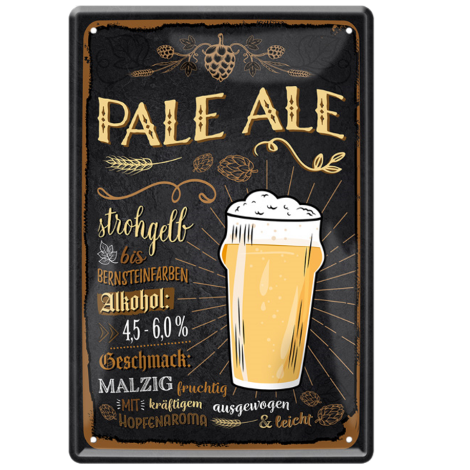4252024214420	Schilderstore24 	 ''Pale Ale'' Schilderstore24 Blechschilder sind perfekt als Geschenk zu Weihnachten, Geburtstage, Feiern, Partys, Grillabende, Namenstag, Feiertag, Mädelsabend, Hochzeit. Jederzeit stilvoll im Wohnzimmer, Partykeller, Garage, Praxis, Büro, Café, Hauseingang Alkohol Kasten Bier Saufen Getränk Bier Alkohol schaumkrone promille hopfen