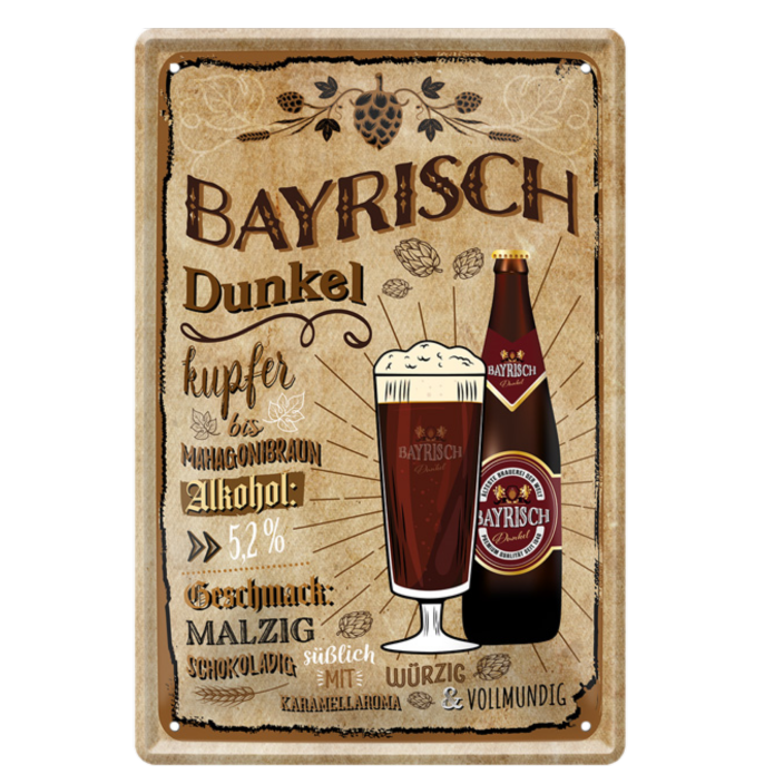 4252024214161	Schilderstore24 	 ''Bayrisch Dunkel'' Schilderstore24 Blechschilder sind perfekt als Geschenk zu Weihnachten, Geburtstage, Feiern, Partys, Grillabende, Namenstag, Feiertag, Mädelsabend, Hochzeit. Jederzeit stilvoll im Wohnzimmer, Partykeller, Garage, Praxis, Büro, Café, Hauseingang Alkohol Kasten Bier Saufen Getränk Bier Alkohol schaumkrone promille hopfen