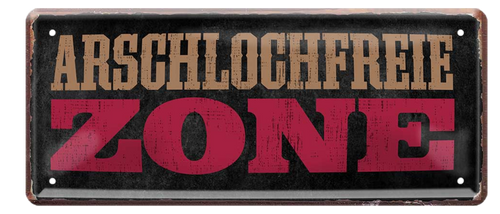 4252024225709 Schilderstore24 Schilderstore24 Blechschilder sind perfekt als Geschenk zu Weihnachten, Geburtstage, Feiern, Partys, Grillabende, Namenstag, Feiertag, Mädelsabend, Hochzeit. Jederzeit stilvoll im Wohnzimmer, Partykeller, Garage, Praxis, Büro, Café, Hauseingang Sarkasmus Ironie Funny Schwarzer Humor faul dumm fun rente lästern teufel	 ''Arschlochfreie Zone''		28x12cm