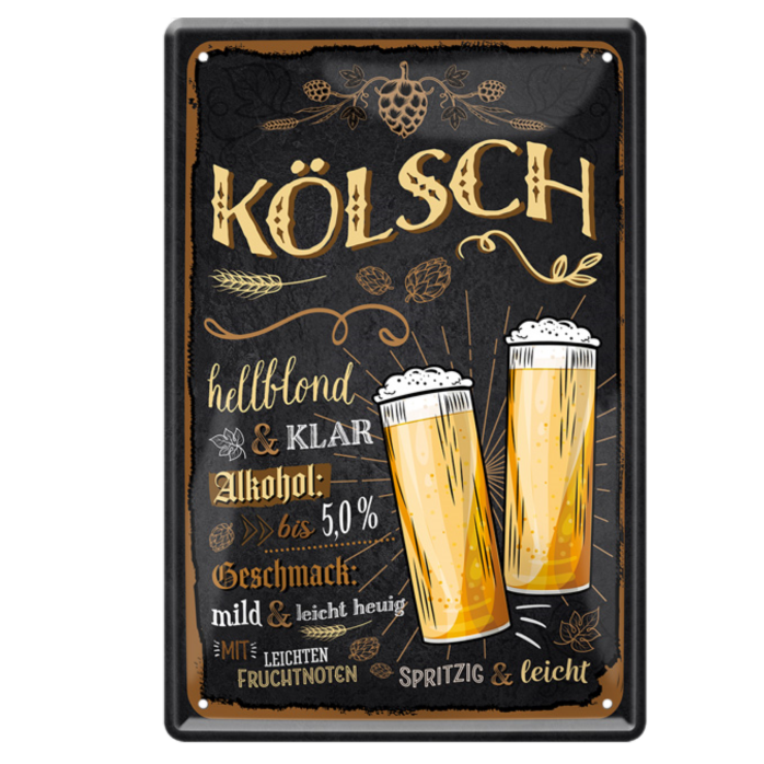 4252024214345	Schilderstore24 	 ''Kölsch (zwei Gläser)'' Schilderstore24 Blechschilder sind perfekt als Geschenk zu Weihnachten, Geburtstage, Feiern, Partys, Grillabende, Namenstag, Feiertag, Mädelsabend, Hochzeit. Jederzeit stilvoll im Wohnzimmer, Partykeller, Garage, Praxis, Büro, Café, Hauseingang Alkohol Kasten Bier Saufen Getränk Bier Alkohol schaumkrone promille hopfen