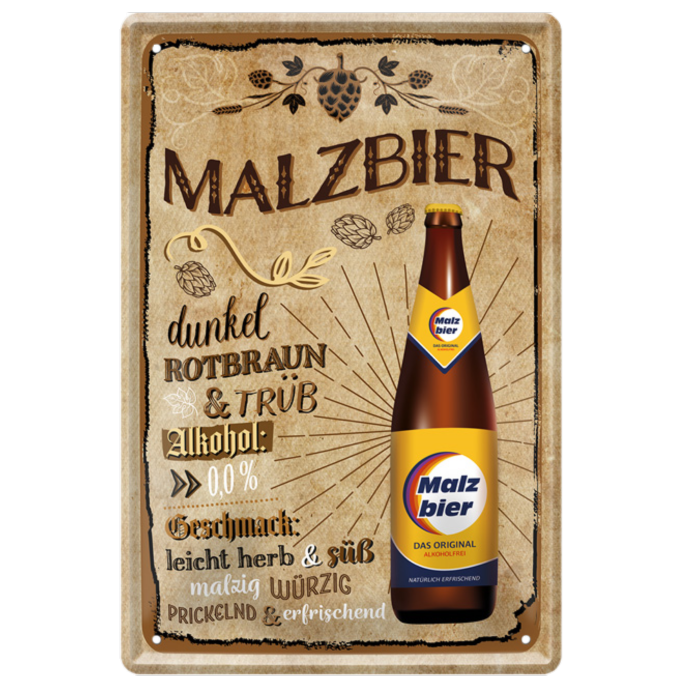 4252024214369	Schilderstore24 	 ''Malzbier'' Schilderstore24 Blechschilder sind perfekt als Geschenk zu Weihnachten, Geburtstage, Feiern, Partys, Grillabende, Namenstag, Feiertag, Mädelsabend, Hochzeit. Jederzeit stilvoll im Wohnzimmer, Partykeller, Garage, Praxis, Büro, Café, Hauseingang Alkohol Kasten Bier Saufen Getränk Bier Alkohol schaumkrone promille hopfen