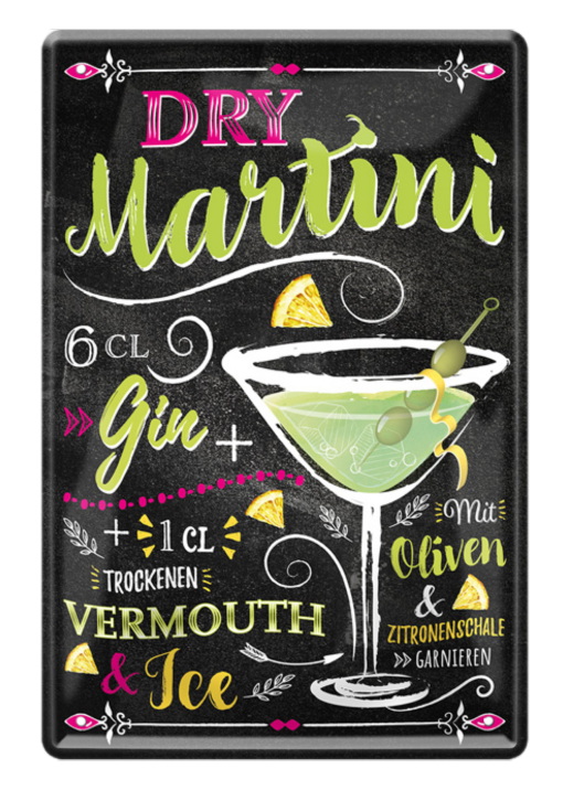 4252024214642	Schilderstore24 	 ''Dry Martini'' Schilderstore24 Blechschilder sind perfekt als Geschenk zu Weihnachten, Geburtstage, Feiern, Partys, Grillabende, Namenstag, Feiertag, Mädelsabend, Hochzeit. Jederzeit stilvoll im Wohnzimmer, Partykeller, Garage, Praxis, Büro, Café, Hauseingang Alkohol Cocktail Likör Sekt Getränk Alkohol promille schnaps saufen cocktails