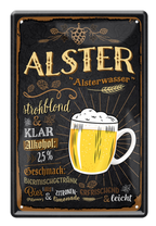 4252024214109	Schilderstore24 	 ''Alster'' Schilderstore24 Blechschilder sind perfekt als Geschenk zu Weihnachten, Geburtstage, Feiern, Partys, Grillabende, Namenstag, Feiertag, Mädelsabend, Hochzeit. Jederzeit stilvoll im Wohnzimmer, Partykeller, Garage, Praxis, Büro, Café, Hauseingang Alkohol Kasten Bier Saufen Getränk Bier Alkohol schaumkrone promille hopfen