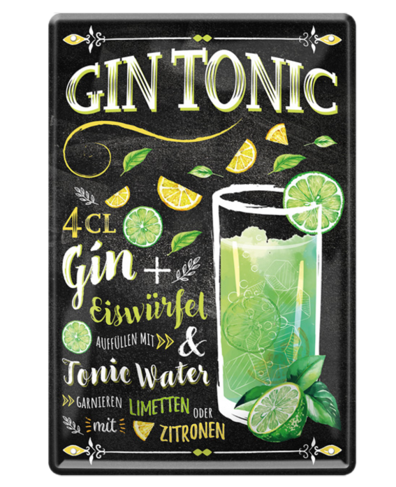 4252024214666	Schilderstore24 	 ''Gin Tonic (schwarz)'' Schilderstore24 Blechschilder sind perfekt als Geschenk zu Weihnachten, Geburtstage, Feiern, Partys, Grillabende, Namenstag, Feiertag, Mädelsabend, Hochzeit. Jederzeit stilvoll im Wohnzimmer, Partykeller, Garage, Praxis, Büro, Café, Hauseingang Alkohol Cocktail Likör Sekt Getränk Alkohol promille schnaps saufen cocktails