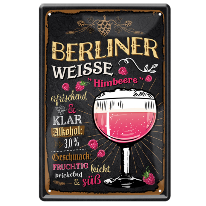 4252024214192	Schilderstore24 	 ''Berliner Weisse Himbeere'' Schilderstore24 Blechschilder sind perfekt als Geschenk zu Weihnachten, Geburtstage, Feiern, Partys, Grillabende, Namenstag, Feiertag, Mädelsabend, Hochzeit. Jederzeit stilvoll im Wohnzimmer, Partykeller, Garage, Praxis, Büro, Café, Hauseingang Alkohol Kasten Bier Saufen Getränk Bier Alkohol schaumkrone promille hopfen