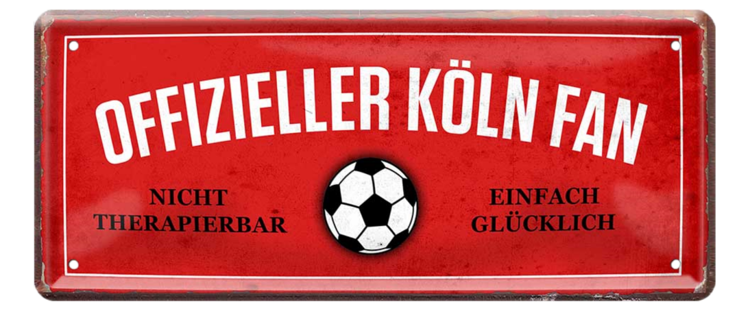 4252024227512	Schilderstore24 Blechschilder sind perfekt als Geschenk zu Weihnachten, Geburtstage, Feiern, Partys, Grillabende, Namenstag, Feiertag, Mädelsabend, Hochzeit. Jederzeit stilvoll im Wohnzimmer, Partykeller, Garage, Praxis, Büro, Café, Hauseingang Fußball Mannschaft Verein Bolzen Ball sport liga kicken stadion freizeit Schilderstore24 	 ''Offizieller Köln Fan''
