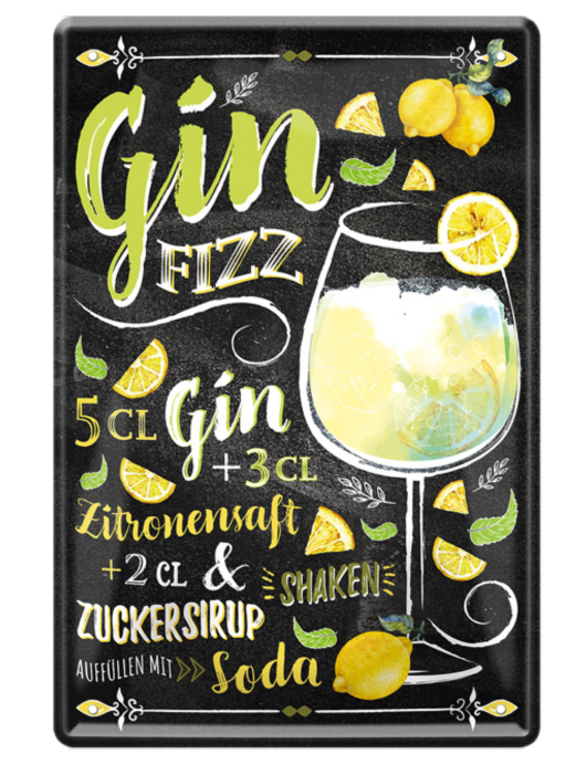 4252024214659	Schilderstore24 	 ''Gin Fizz'' Schilderstore24 Blechschilder sind perfekt als Geschenk zu Weihnachten, Geburtstage, Feiern, Partys, Grillabende, Namenstag, Feiertag, Mädelsabend, Hochzeit. Jederzeit stilvoll im Wohnzimmer, Partykeller, Garage, Praxis, Büro, Café, Hauseingang Alkohol Cocktail Likör Sekt Getränk Alkohol promille schnaps saufen cocktails