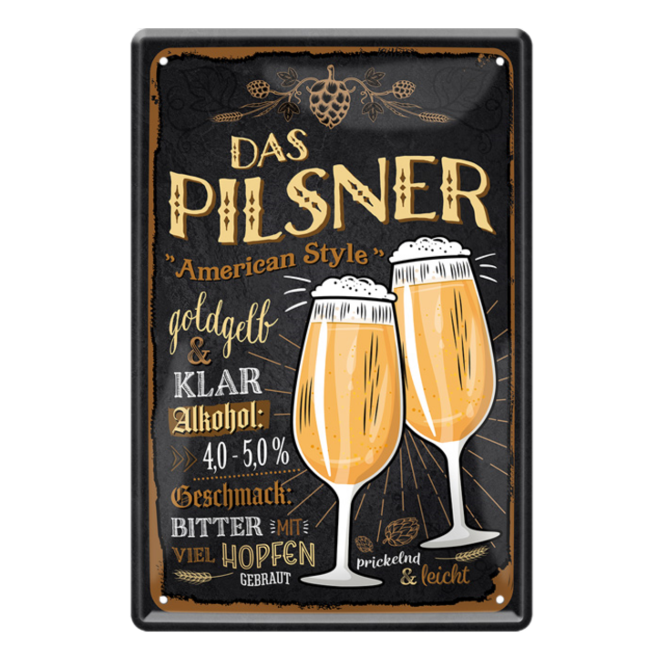 4252024214307	Schilderstore24 	 ''Das Pilsner American Style'' Schilderstore24 Blechschilder sind perfekt als Geschenk zu Weihnachten, Geburtstage, Feiern, Partys, Grillabende, Namenstag, Feiertag, Mädelsabend, Hochzeit. Jederzeit stilvoll im Wohnzimmer, Partykeller, Garage, Praxis, Büro, Café, Hauseingang Alkohol Kasten Bier Saufen Getränk Bier Alkohol schaumkrone promille hopfen