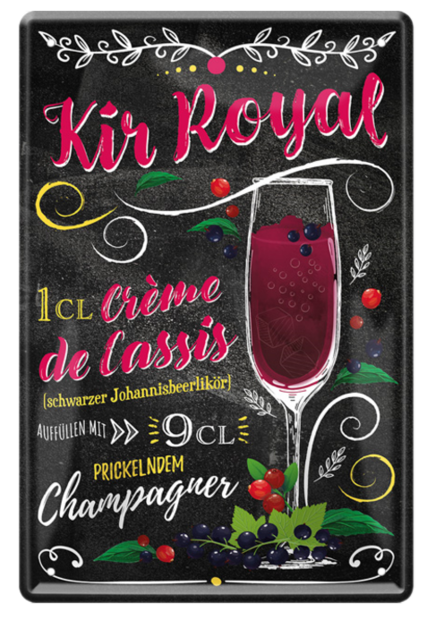 4252024214697	Schilderstore24 	 ''Kir Royal'' Schilderstore24 Blechschilder sind perfekt als Geschenk zu Weihnachten, Geburtstage, Feiern, Partys, Grillabende, Namenstag, Feiertag, Mädelsabend, Hochzeit. Jederzeit stilvoll im Wohnzimmer, Partykeller, Garage, Praxis, Büro, Café, Hauseingang Alkohol Cocktail Likör Sekt Getränk Alkohol promille schnaps saufen cocktails