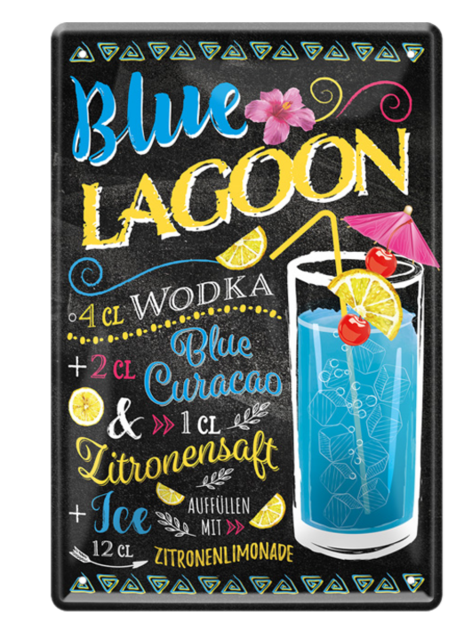 4252024214611	Schilderstore24 	 ''Blue Lagoon'' Schilderstore24 Blechschilder sind perfekt als Geschenk zu Weihnachten, Geburtstage, Feiern, Partys, Grillabende, Namenstag, Feiertag, Mädelsabend, Hochzeit. Jederzeit stilvoll im Wohnzimmer, Partykeller, Garage, Praxis, Büro, Café, Hauseingang Alkohol Cocktail Likör Sekt Getränk Alkohol promille schnaps saufen cocktails