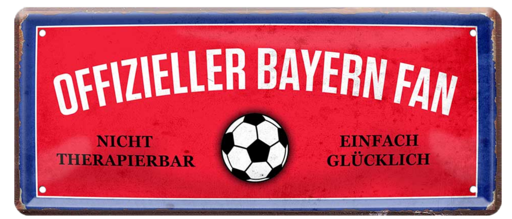 4252024227352	Schilderstore24 Blechschilder sind perfekt als Geschenk zu Weihnachten, Geburtstage, Feiern, Partys, Grillabende, Namenstag, Feiertag, Mädelsabend, Hochzeit. Jederzeit stilvoll im Wohnzimmer, Partykeller, Garage, Praxis, Büro, Café, Hauseingang Fußball Mannschaft Verein Bolzen Ball sport liga kicken stadion freizeit Schilderstore24 	 ''Offizieller Bayern Fan''