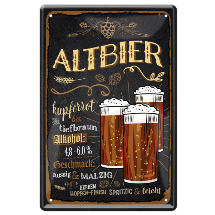 4252024214123	Schilderstore24 	 ''Altbier (drei Gläser, schwarz)'' Schilderstore24 Blechschilder sind perfekt als Geschenk zu Weihnachten, Geburtstage, Feiern, Partys, Grillabende, Namenstag, Feiertag, Mädelsabend, Hochzeit. Jederzeit stilvoll im Wohnzimmer, Partykeller, Garage, Praxis, Büro, Café, Hauseingang Alkohol Kasten Bier Saufen Getränk Bier Alkohol schaumkrone promille hopfen
